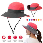Women Summer Sun Bucket Hats Foldable UV Protection Cotton Cap Wide Brim Floppy Cap Packable Ponytail Mesh Travel Hat For Beach Fishing Camping Travel