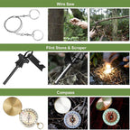 Military-grade outdoor travel survival kit with mini camping tools, emergency bracelet, whistle, blanket and knife.
