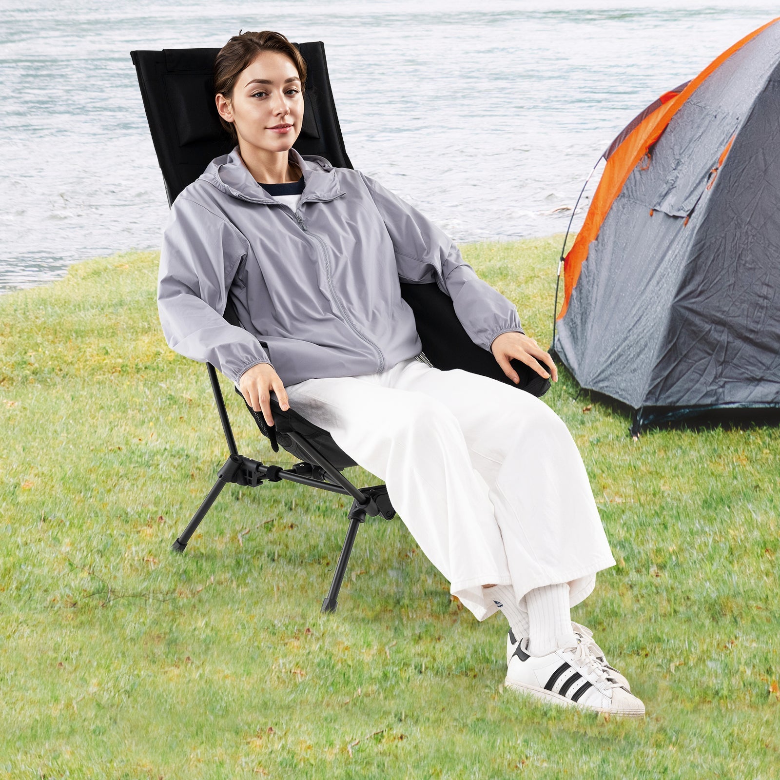 High Back Portable Camping Chair with Compact Carry Bag and Pillow-Black