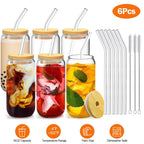 6Pcs Mason Jar Cups with Lid 16OZ Reusable Glass Beer Can with Bamboo Lids Glass Straws Cleaning Brush for Iced Coffee Smoothie Tea