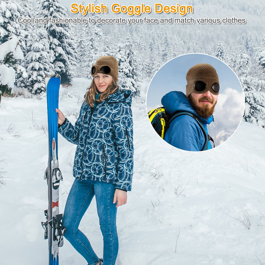 Unisex Knit Beanie Hat with Goggle Chunky Winter Warm Hat Skull Cap 4 Colors