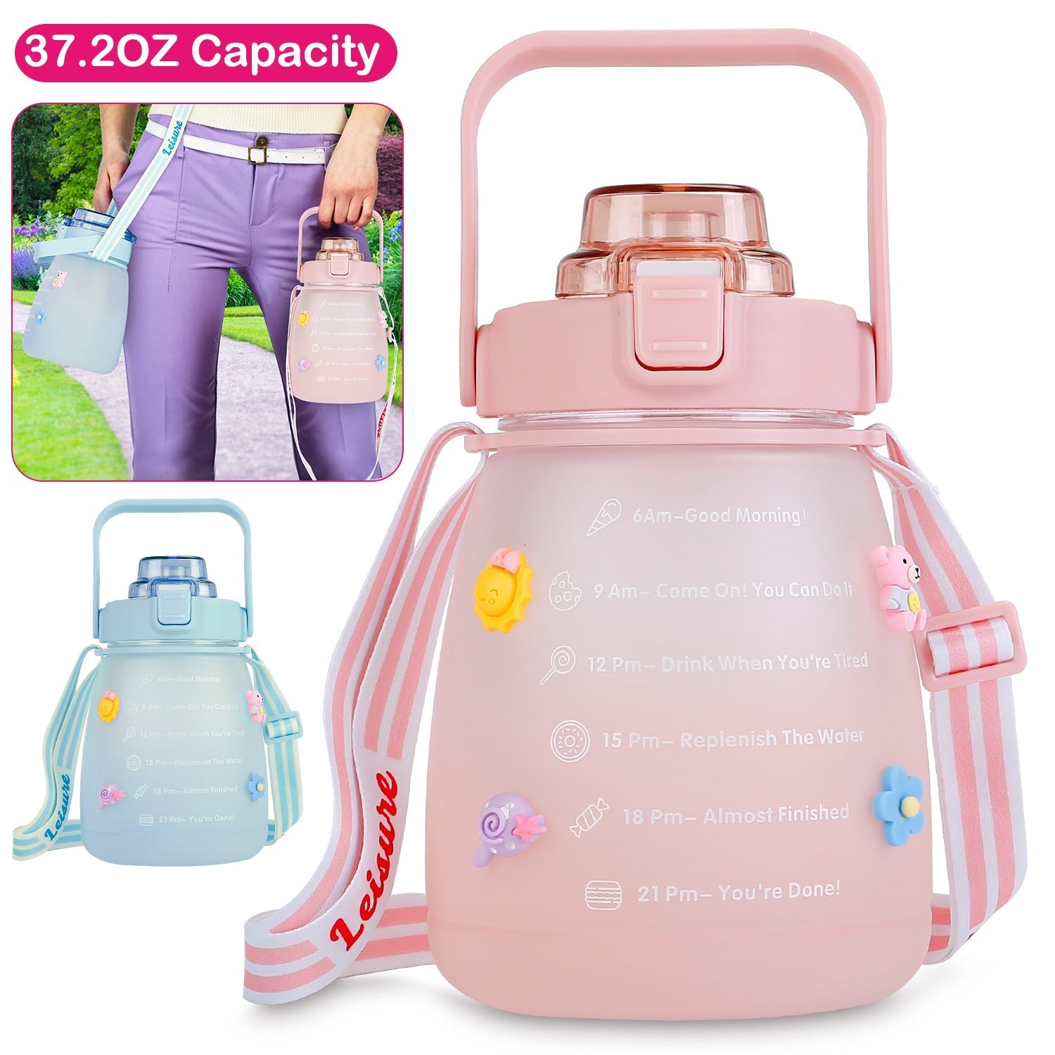 Kawaii Water Bottle with Straw 37.2oz Large Capacity Portable Sports Bottle with Cute Three-Dimensional Stickers
