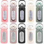 34Oz Glass Water Bottle Sports Water Bottle Motivational Water Bottle Water Intake Tracker Bottle with Straw Time Marker Silicone Sleeve Handle for Gy