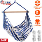 Hammock Hanging Chair Canvas Porch Patio Swing Seat Portable Camping Rope Seat Wooden Stick Hammock Chair with 2 Pillows 265LBS Load-bearing