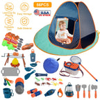 56Pcs Kids Camping Toy Set With Playtent Pretend Oil Lamp Telescope Bonfire Compass Role Play Camping Set For Over 3 Years Old Boy Girl Toddlers Campi