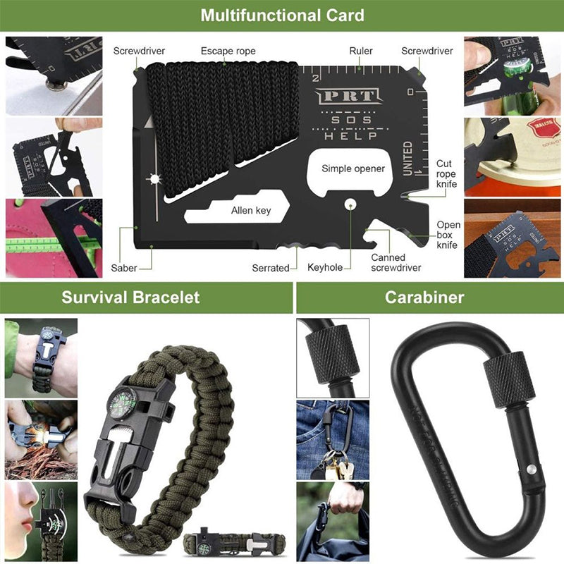 Military-grade outdoor travel survival kit with mini camping tools, emergency bracelet, whistle, blanket and knife.