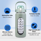 34Oz Glass Water Bottle Sports Water Bottle Motivational Water Bottle Water Intake Tracker Bottle with Straw Time Marker Silicone Sleeve Handle for Gy
