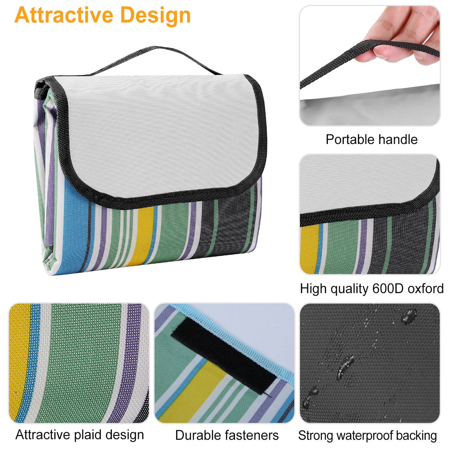 60" x 78" Waterproof Picnic Blanket Handy Mat with Strap Foldable Camping Rug for Camping Hiking Grass Travelling