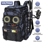 42L/11Gal Fishing Backpack Large Capacity Fishing Tackle Storage Bag with Rod Holders 16-Pocket Water-Resistant with Divider Adjustable Padded Straps