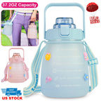 Kawaii Water Bottle with Straw 37.2oz Large Capacity Portable Sports Bottle with Cute Three-Dimensional Stickers