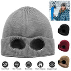 Unisex Knit Beanie Hat with Goggle Chunky Winter Warm Hat Skull Cap 4 Colors
