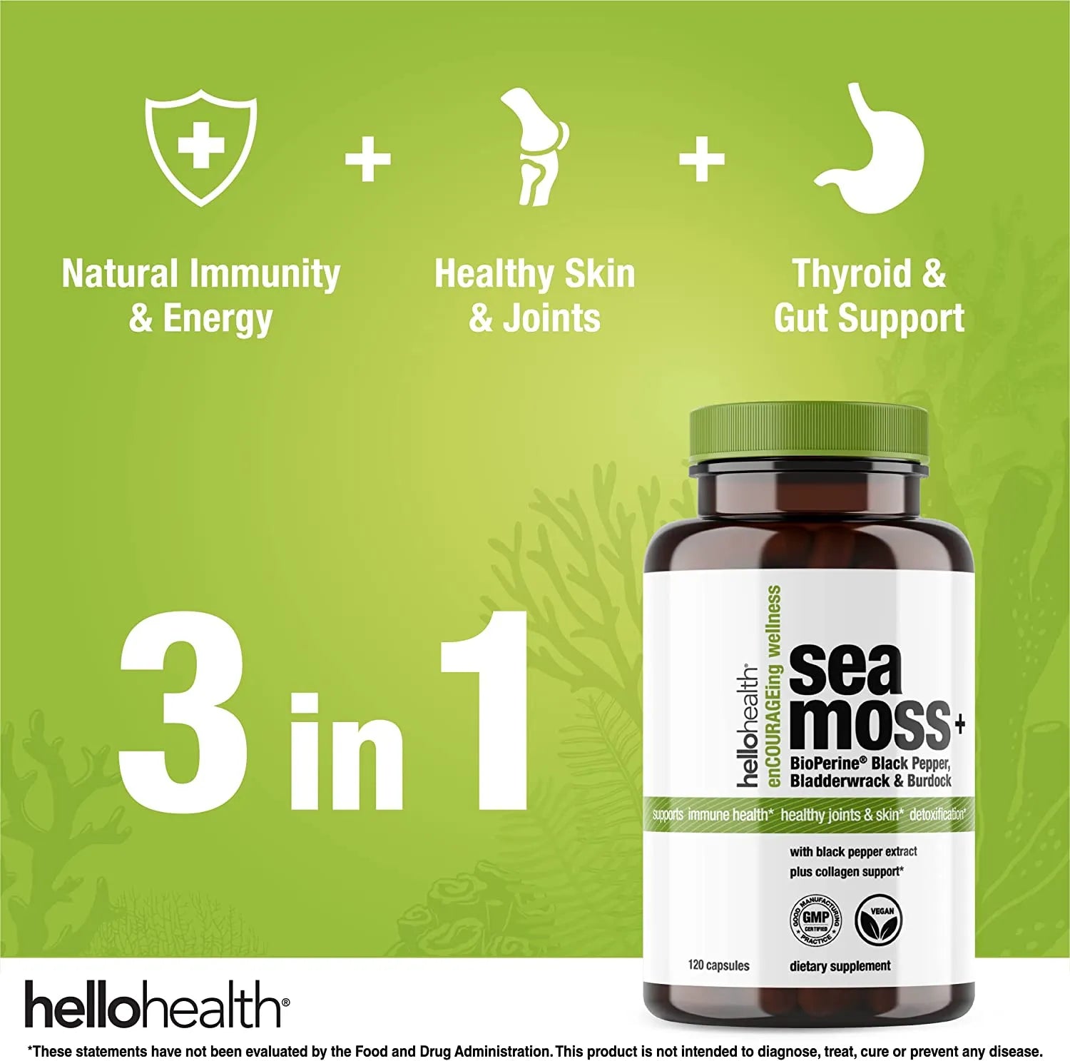 Organic Irish Sea Moss, Organic Bladderwrack, Organic Burdock & Bioperine capsules