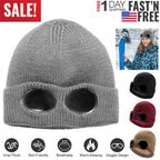 Unisex Knit Beanie Hat with Goggle Chunky Winter Warm Hat Skull Cap 4 Colors