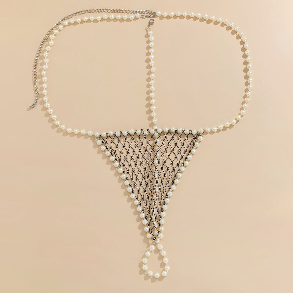 Women's sexy and simple imitation pearl woven chest chain set, new creative fishing net waist chain