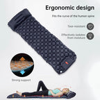 Outdoor double inflatable sleeping pad – with built-in pillow & pump, for camping, backpacking, hiking.