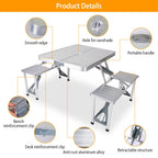 Folding Picnic Table w/ 4 Seats Umbrella Hole 33.7x26.4in Portable Aluminum Table Total 859LBS Weight Capacity for Camping Barbeque Outdoor