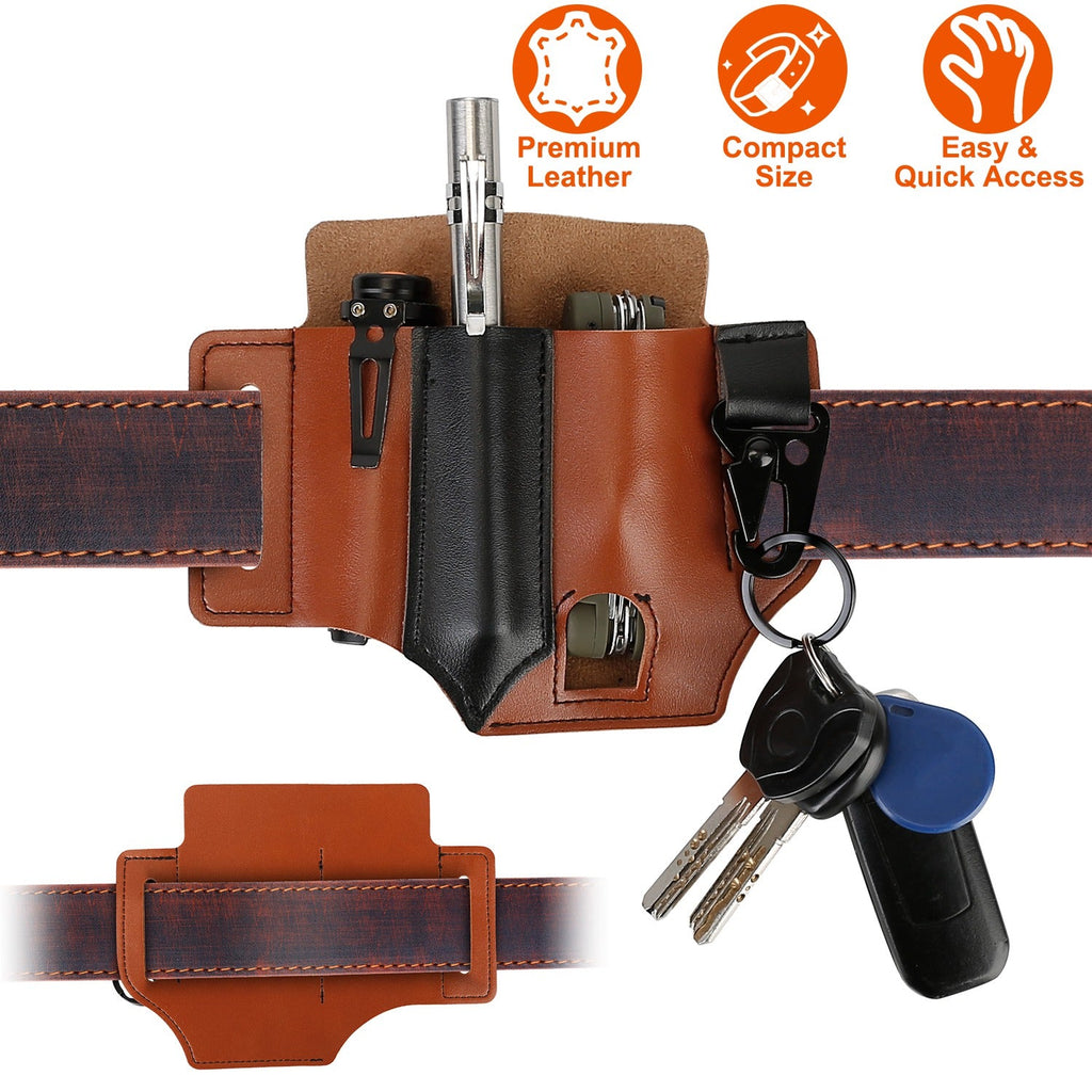 Multi-tool Sheath for Belt Leather EDC Pocket Organizer for Men EDC Leather Pouch Flashlight Sheath