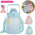 Kawaii Water Bottle with Straw 37.2oz Large Capacity Portable Sports Bottle with Cute Three-Dimensional Stickers
