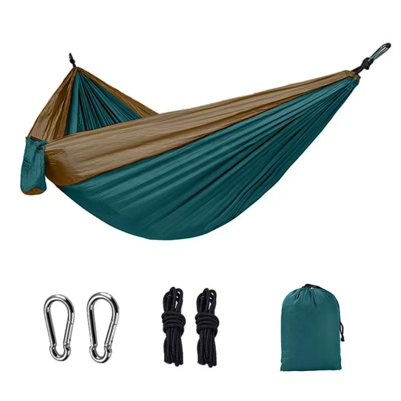 Light double nylon camping hammock with straps. Great for trips, beach, yard & garden.