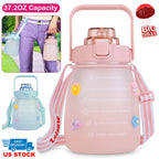 Kawaii Water Bottle with Straw 37.2oz Large Capacity Portable Sports Bottle with Cute Three-Dimensional Stickers