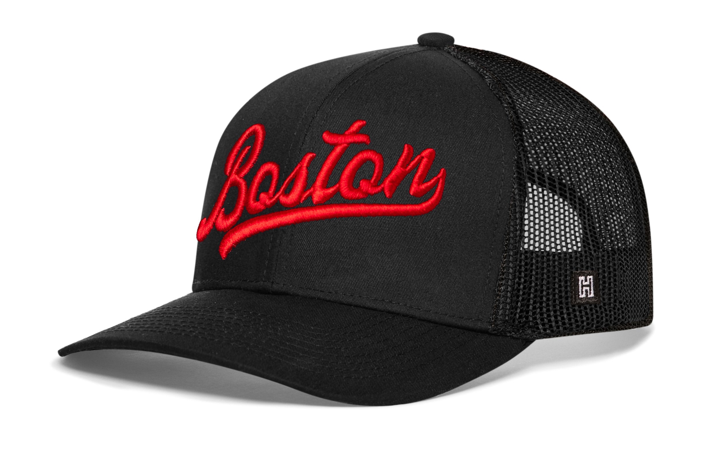 Boston Red Script Trucker Hat  |  Massachusettes Snapback