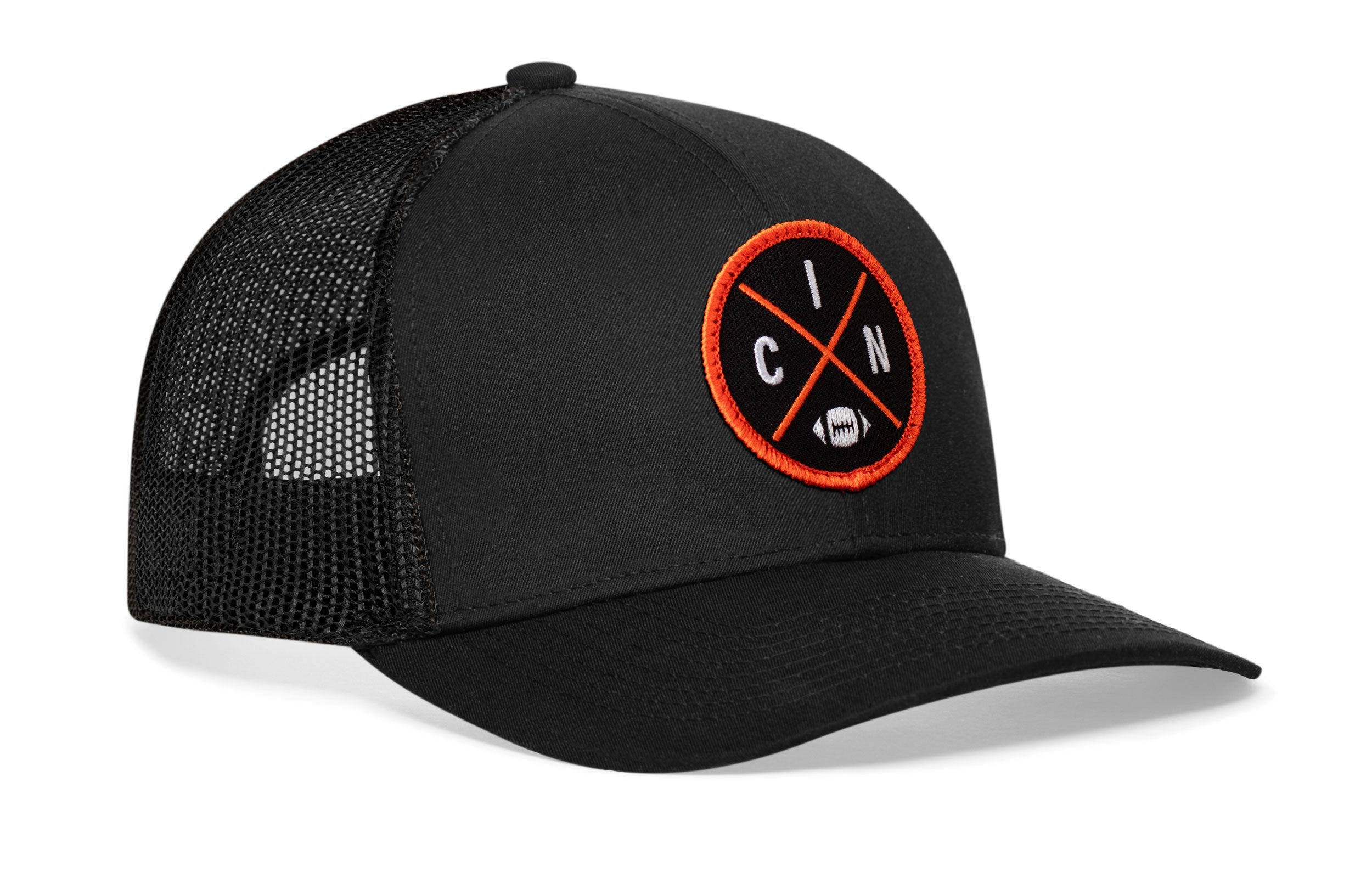 Cincinnati Trucker Hat  |  Black CIN X Football Snapback