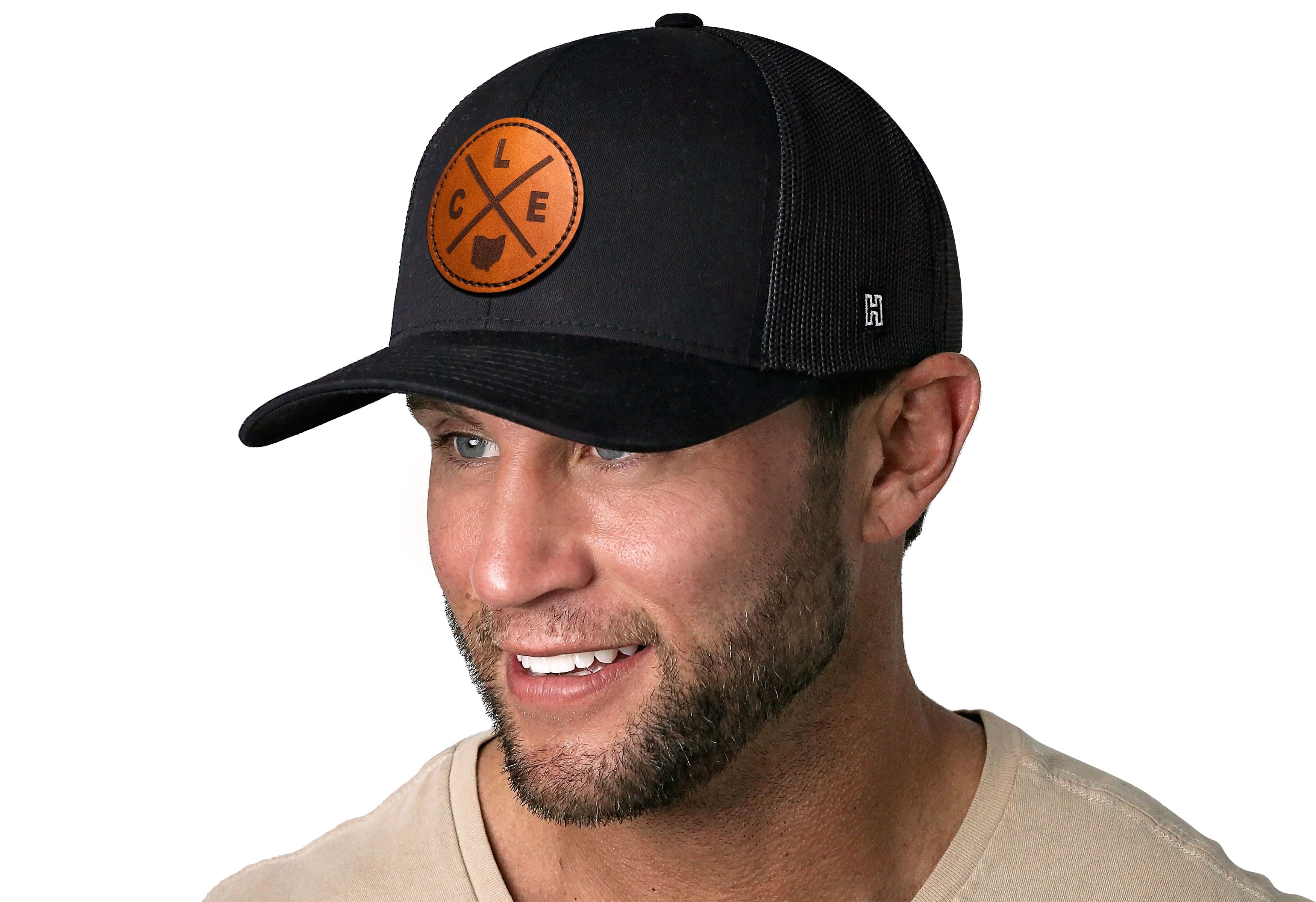 Cleveland Trucker Hat Leather  |  Black CLE X Snapback