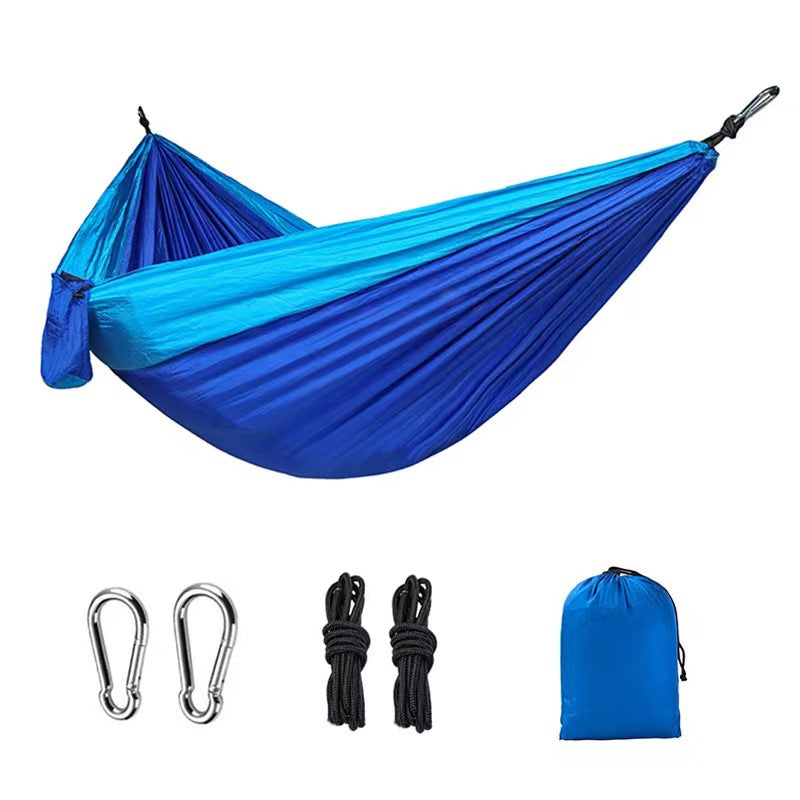 Light double nylon camping hammock with straps. Great for trips, beach, yard & garden.