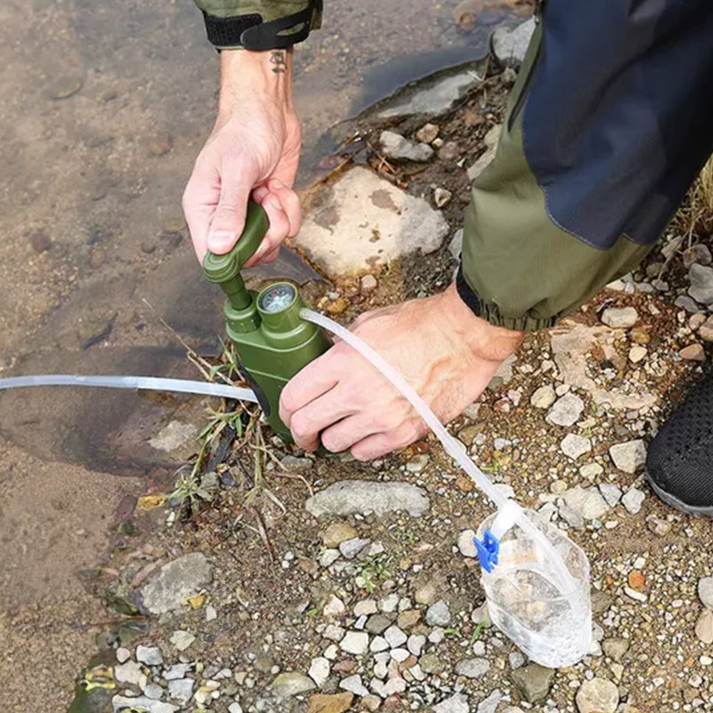 A portable outdoor water filter pump with a 0.01-micron, 3-stage filtration system, suitable for hiking and camping.