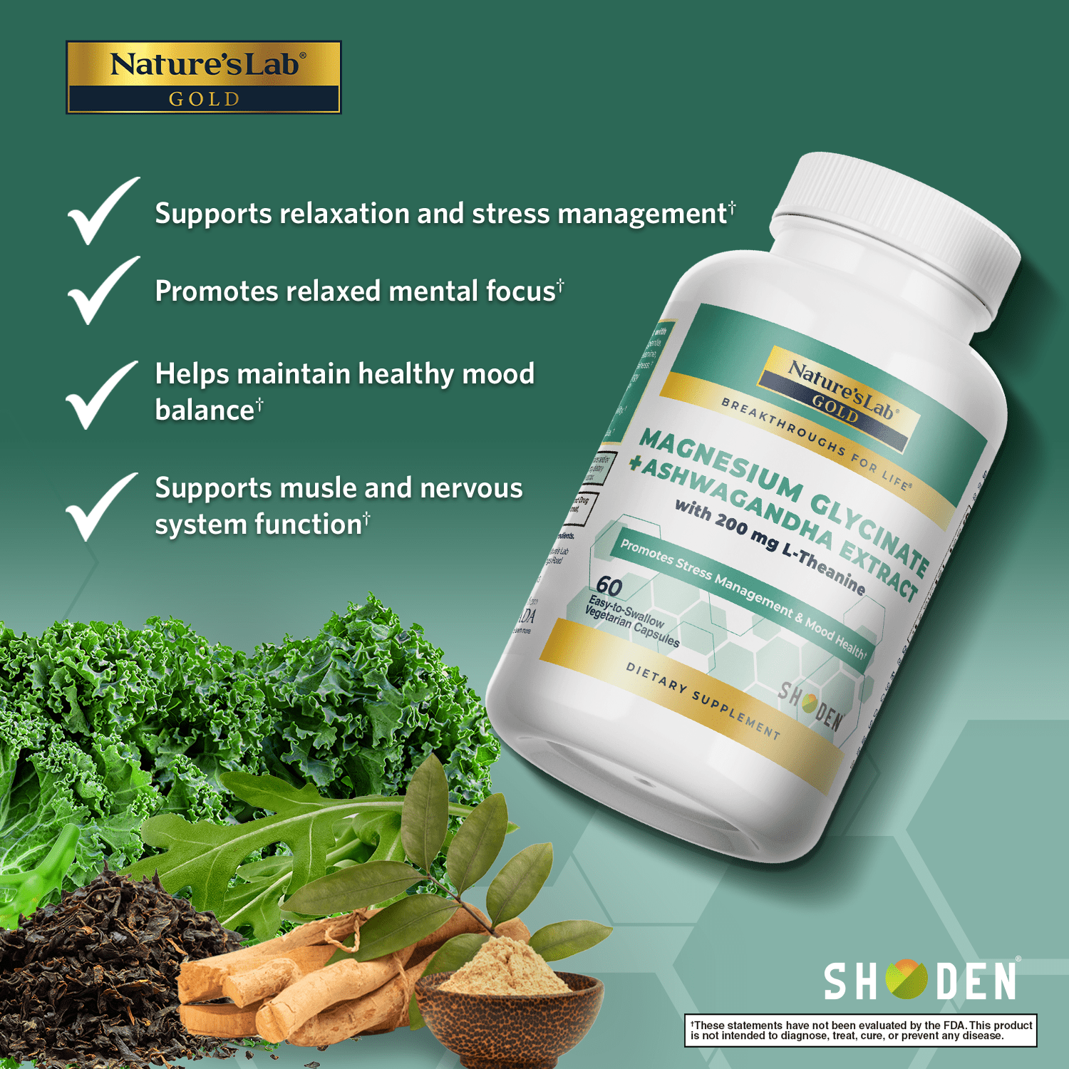 Nature's Lab Gold Magnesium + Ashwagandha with L-Theanine - 60 Capsules