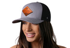 Diamond Mountain and Trees Trucker Hat Leather  |  Gray-Black Outdoors Snapback
