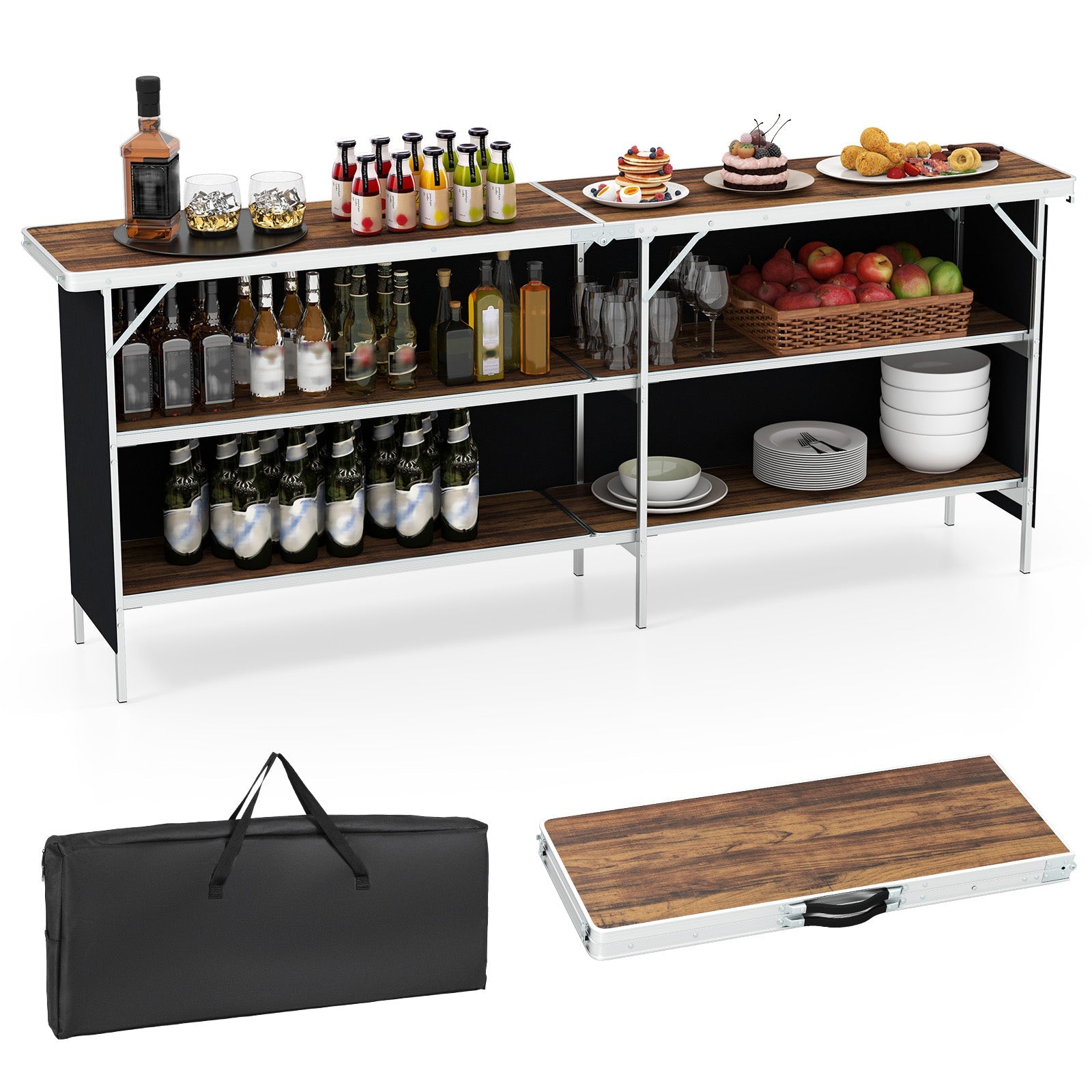 Aluminum Portable Picnic Table with 2-Tier Open Shelves and Spacious Tabletop