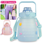 Kawaii Water Bottle with Straw 37.2oz Large Capacity Portable Sports Bottle with Cute Three-Dimensional Stickers