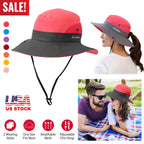 Women Summer Sun Bucket Hats Foldable UV Protection Cotton Cap Wide Brim Floppy Cap Packable Ponytail Mesh Travel Hat For Beach Fishing Camping Travel