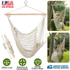Hammock Chair Hanging Rope Seat Swing w/ Wooden Stick 220lbs Load for Patio Yard Porch Outdoor Bedroom Indoor