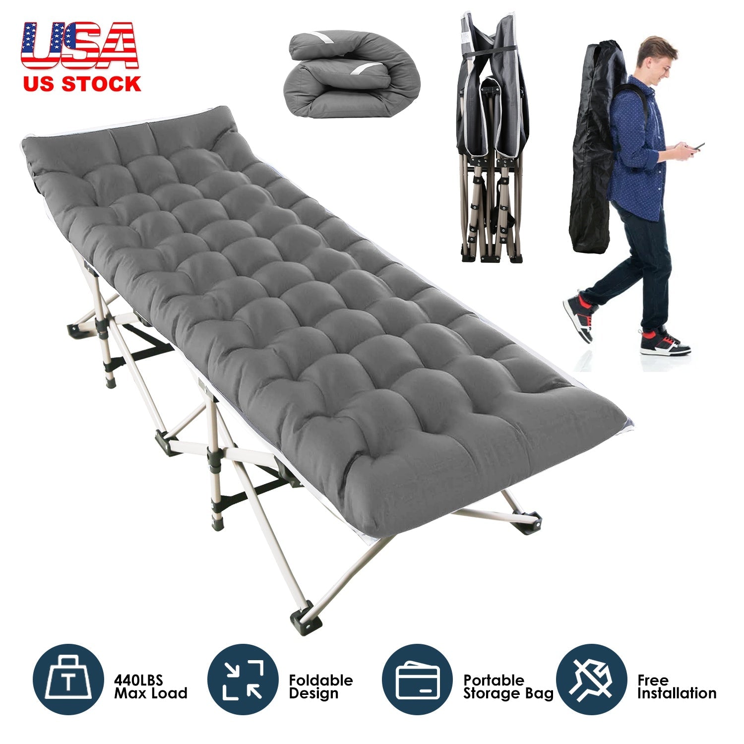 Folding Camping Cot Portable Sleeping Camping Bed Collapsible Travel Camp Cots Guest Bed Cot with 2-Sided Soft Pad 440LBS Max Load