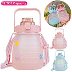 Kawaii Water Bottle with Straw 37.2oz Large Capacity Portable Sports Bottle with Cute Three-Dimensional Stickers