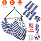 Hammock Hanging Chair Canvas Porch Patio Swing Seat Portable Camping Rope Seat Wooden Stick Hammock Chair with 2 Pillows 265LBS Load-bearing