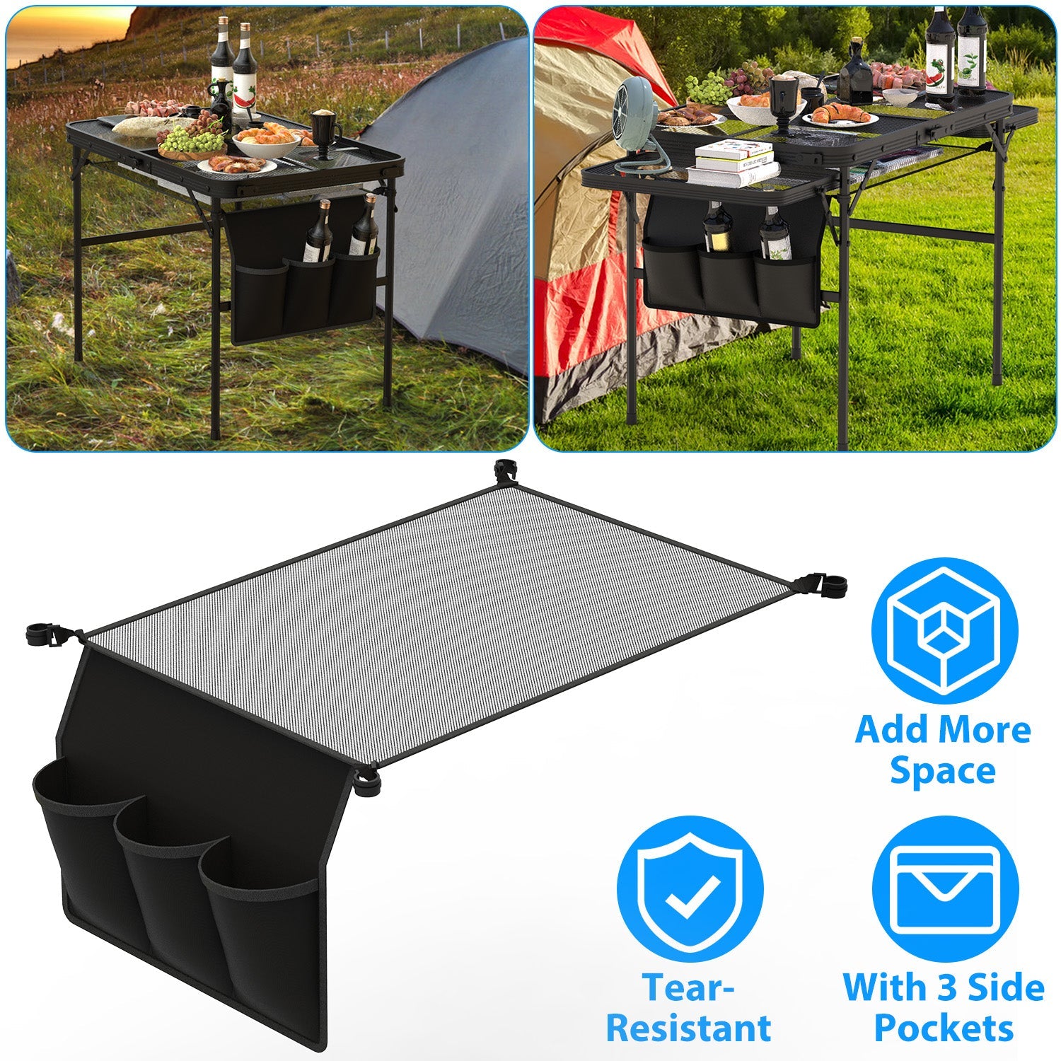 Hanging Storage Net for 35.43x23.62 Camping Table Under Table Folding Net Bag Tear-Resistant with 3 Side Pockets 4 Corner Clips for Camping Hiking Fis