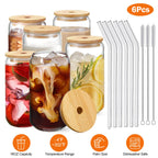 6Pcs Mason Jar Cups with Lid 16OZ Reusable Glass Beer Can with Bamboo Lids Glass Straws Cleaning Brush for Iced Coffee Smoothie Tea