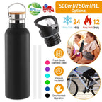 Sports Water Bottle Stainless Steel Vacuum-Insulated Drinking Cup w/ Straws Outdoor Cycling Hiking